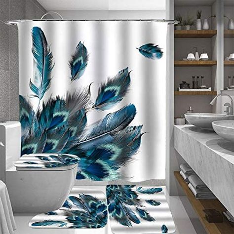 Fashion_Man 16PCS/Set Floral Shower Curtain Fabric Polyester Waterproof Bath Curtain Non-Slip Bathroom Rugs Bath Mat Set Toilet Lid Cover Flower Bathroom Decor + 12 Hooks, 72"x72", Peacock Feather: Amazon.ca: Home & Kitchen Peacock Bathroom, Peacock Shower Curtain, Waterproof Bathroom, Shower Curtain Sizes, Bathroom Shower Curtain, Floral Shower Curtains, Bathroom Rug Sets, Decoration Originale, Bath Mat Sets