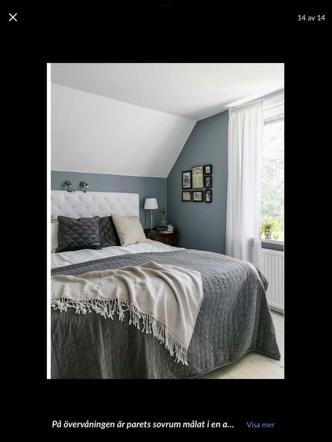 Curtains Bedroom Ideas, Slate Blue Walls, Grey Curtains Bedroom, Blue Grey Curtains, Bedroom Colour Ideas, Bedroom Ideas Blue, Grey And White Bedding, White Storage Bench, Scandinavian Room