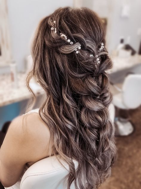 Bridesmaid Hairstyles With Braids Half Up, Half Up Half Down With Braid Wedding, Half Up Half Down Bridesmaid Hair Long Braid, Half Up Do Bridal Hair, Half Up Half Down Braided Hairstyles Wedding, Bridal Hairstyles Braid Half Up, Half Up Half Down Wedding Braid, Wedding Braid Half Up Half Down, Bride Hair Half Up Half Down Braid