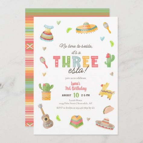 $3.08 | Colorful Mexican Fiesta 3rd Birthday Invitation #fiesta, mexican, tacos, colorful, sombrero, cactus, three-esta, third, 3rd birthday invitations, girl Three Esta, Fiesta First Birthday, Mexican Fiesta Birthday Party, 3rd Birthday Invitation, Serape Fabric, Fiesta Birthday Invitations, Fiesta Birthday Party, Mexican Birthday, Mexican Tacos