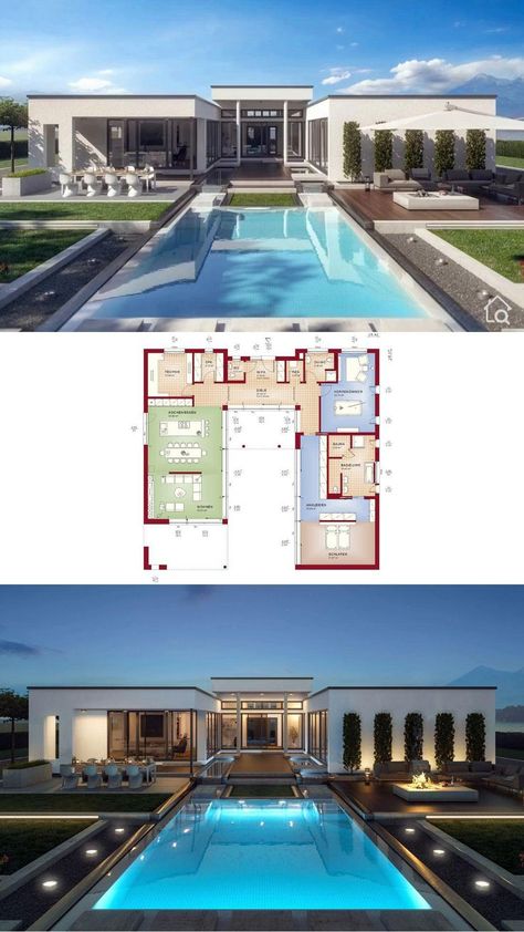 Modern Luxury Bungalow, Luxury Bungalow House, House Plans With Pool, Luxury Bungalow, Pelan Rumah, Villa Design Architecture, Pool House Plans, House Plans One Story, Modern Villa Design