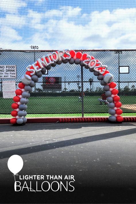 Senior Night Field Decorations Soccer, Senior Night For Soccer, Baseball Senior Night Decorations, 8th Grade Night Baseball Ideas, Senior Balloon Arch, Senior Night Decorations Soccer, Senior Day Baseball Ideas, Softball Balloon Arch, High School Baseball Senior Night Ideas