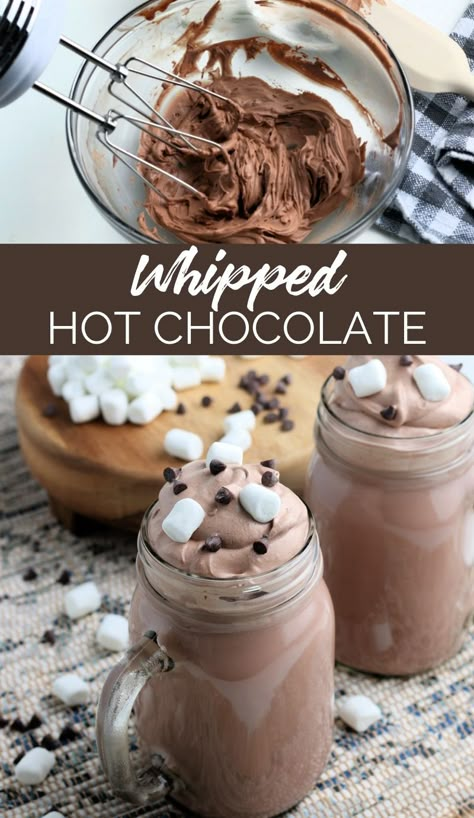 This Whipped Hot Chocolate is a modern twist on a holiday classic! It's like a kid friendly version of the popular dalgona whipped coffee. Things To Put In Hot Chocolate, Fun Hot Chocolate Recipes, What Goes With Hot Chocolate, Ice Cream Hot Chocolate, Whipped Coffee Drinks, Hot Whipped Coffee, Hot Chocolate Packet Recipes, Different Hot Chocolate Recipes, Whipped Chocolate Coffee