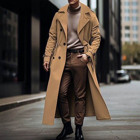 Autumn Wear For Men, Men’s Winter Coat Styles, Men Long Coat Outfit, Brown Trench Coat Outfit Men, Trenchcoat Style, Long Pea Coat, Men's Trench Coat, Trench Coat Outfit, Black Men Fashion Swag