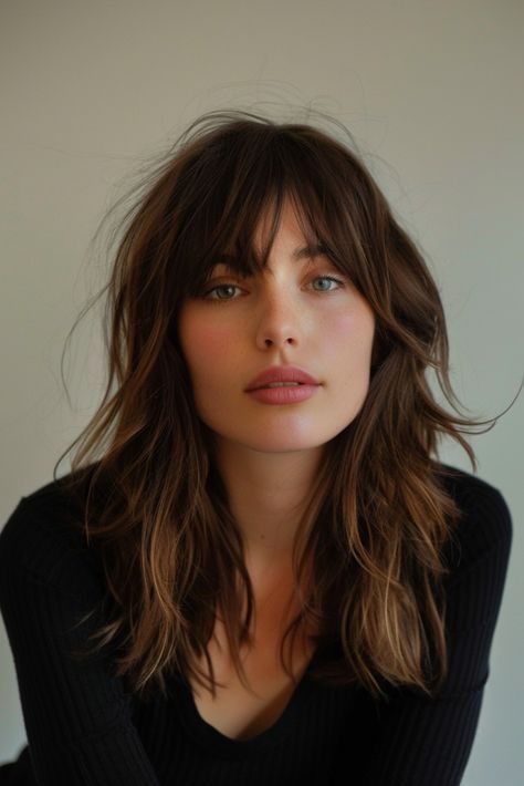 Transform Your Look: 21 Stunning Medium Haircuts with Bangs Fringe Layered Hairstyles, Mid Bangstyle Hair, Hairstyle Long Bob With Bangs, Medium Textured Haircut With Bangs, Loose Bangs Short Hair, Shaggy Haircut Curtain Bangs, Medium Length Haircut Fringe Bangs, Dark Hair W Bangs, Short Brown Hair With Wispy Bangs