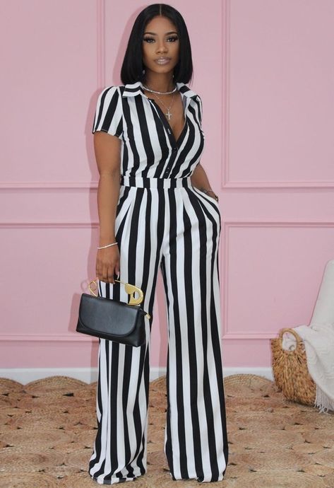 Fashion Trend Inspiration, Sport Exercise, Classy Jumpsuit, Modest Dresses Fashion, 2piece Outfits, 2 Piece Sets, White Long Sleeve Blouse, Striped Jumpsuit, Tolu