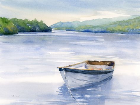 Simple Lake Painting, Watercolor Lake Painting, Boat Watercolor Painting, Lake Watercolor, Female Wall Art, Watercolor Boat, Lake Painting, Lake Art, Boat Art