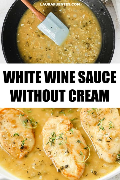 A pan of chicken with white wine sauce Wine Sauce Recipes, Wine Pasta Sauce, Chicken White Wine Sauce, White Wine Pasta Sauce, White Wine Sauce Recipes, Garlic White Wine Sauce, White Wine Recipes, White Wine Cream Sauce, Recipes By Ingredients