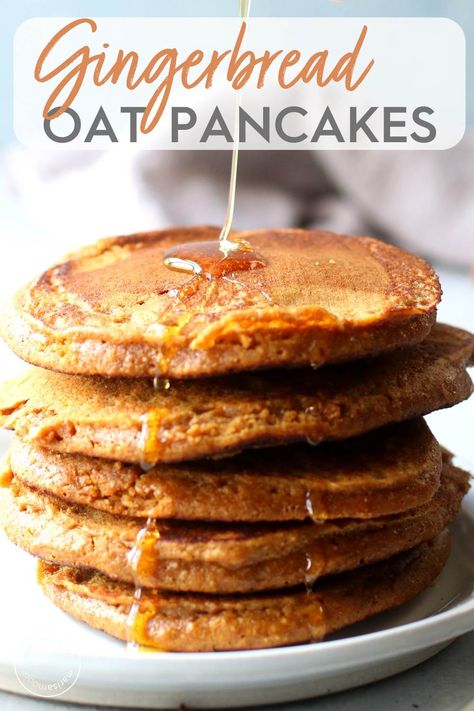 This vegan Gingerbread Oatmeal Pancakes recipe is perfect for a healthy Christmas morning breakfast! Made with fresh ginger, molasses, and no refined sugar these easy, oatmeal pancakes are made with oats and no flour! These healthy gingerbread pancakes are light and fluffy and full of flavor! #gingerbread Vegan Gingerbread Pancakes, Gluten Free Gingerbread Pancakes, Healthy Christmas Morning Breakfast, Healthy Christmas Breakfast, Gluten Free Oatmeal Pancakes, Gingerbread Pancakes Recipe, Oatmeal Pancakes Easy, Gingerbread Oatmeal, Brunch Bites