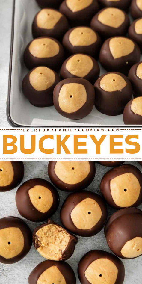 How to make buckeyes? Here's the best buckeye recipe for your Christmas dessert recipes! Quick and easy to make for peanut butter lovers. It includes a creamy peanut butter blend dipped in rich chocolate. Definitely, a star on your Christmas cookie tray! Christmas Cookies Buckeyes, Self Proclaimed Foodie, How To Make Buckeyes Recipes, Christmas Peanut Butter Desserts, Buck Eyes Recipe, Buck Eye Balls, Buckeyes Recipe Easy, Bullseye Cookies, Holiday Brunch Ideas Christmas