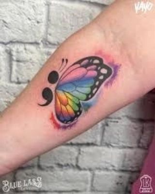 Butterfly Rainbow Tattoo, Butterfly Semicolon Tattoo, Semicolon Tattoos, Colorful Butterfly Tattoo, Barcode Tattoo, Sparrow Tattoo, Rock Tattoo, Rainbow Tattoos, Women Tattoos