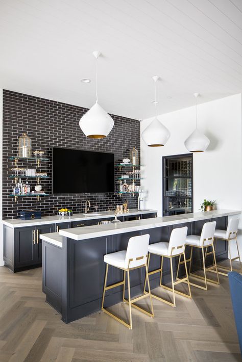 Blue Cabinet Bar Ideas, Modern Home Bar With Tv, Home Bar With Stools, Built In Bar With Seating, Wet Bar With Tv Above, Built In Bar With Tv, Home Bar With Seating, Wet Bar With Tv, Entertainment Room With Bar