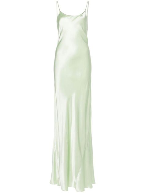 light green silk satin finish bias cut scoop neck open back spaghetti straps floor-length flared hem unlined Pastel Green Silk Dress, Light Green Long Dress, Light Green Formal Dress, Uzun Boy, Green Evening Gowns, Green Slip Dress, Light Green Dress, Green Formal Dresses, Satin Formal Dress