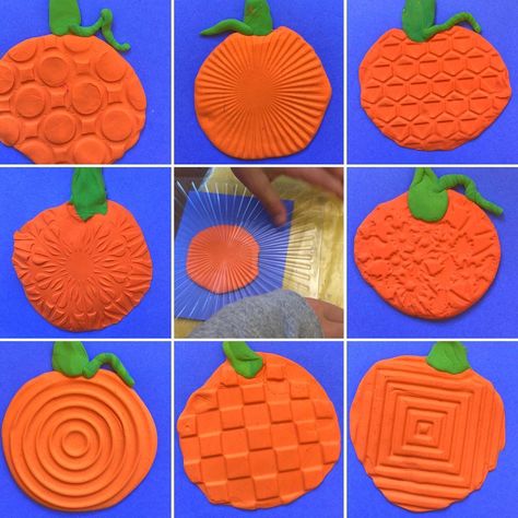 Texture pumpkins! Review of secondary colors. Mixed our own orange and green Model magic to make pumpkins and stems. Used texture plates to… Adapted Art, Crayola Model Magic, Texture Plates, Steam Lab, October Art, Model Magic, Secondary Colors, Elements And Principles, Art Matters