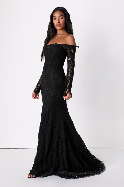 Lulus Exclusive! An evening spent in the Lulus Romance Dreamer Black Lace Off-the-Shoulder Maxi Dress is one you'll dream about for days to come! Sheer floral lace creates a stunning overlay atop a knit liner as it shapes an off-the-shoulder neckline (with hidden no-slip strips), trimmed with crochet lace details. Sheer long sleeves, with eyelash-trimmed cuffs, frame a darted bodice and fitted waist atop a stunning A-line maxi skirt. A dramatic drop seam at back sits above a train for a show-... 2023 Dress, Long Sleeve Prom, Black Dress With Sleeves, Formal Dresses Gowns, Black Prom Dress, Prom Dress Inspiration, Black Prom, Trendy Dress, 2024 Trends