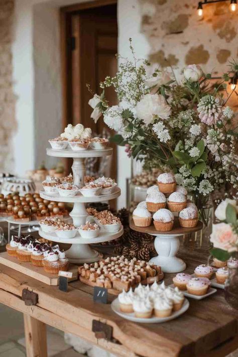 20 Bridal Shower Dessert Table Ideas - HandsomeWedding Wedding Decor Dessert Table, Wedding Ideas Dessert Tables, Bridal Party Dessert Table, Dessert Serving Tray Ideas, Wedding Food Decor, Desserts Wedding Table, Dessert Table Set Up Wedding, Bridal Shower Cake Table Ideas, Wedding Dessert Bar Ideas Sweet Tables