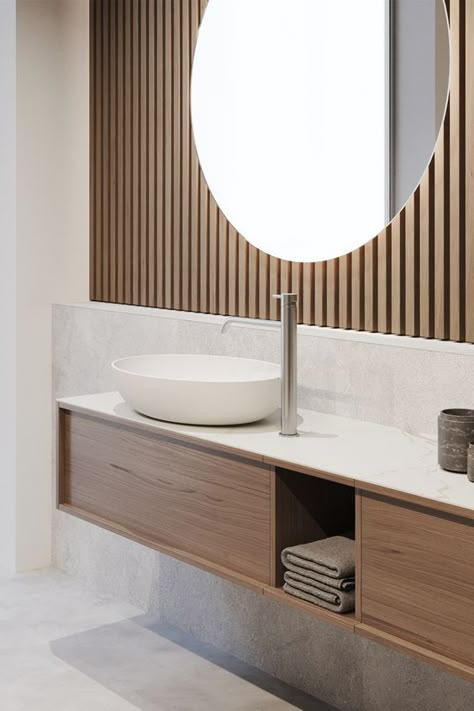 Wood paneling - 5 Reasons we love this new & chic trend for our bathroom space - Daily Dream Decor Slatwall Bathroom, Modern Bathroom Furniture, Bathroom Furniture Ideas, Sink Basin, Bathroom Design Inspiration, 아파트 인테리어, Bathroom Design Decor, Bathroom Trends, Bathroom Design Luxury