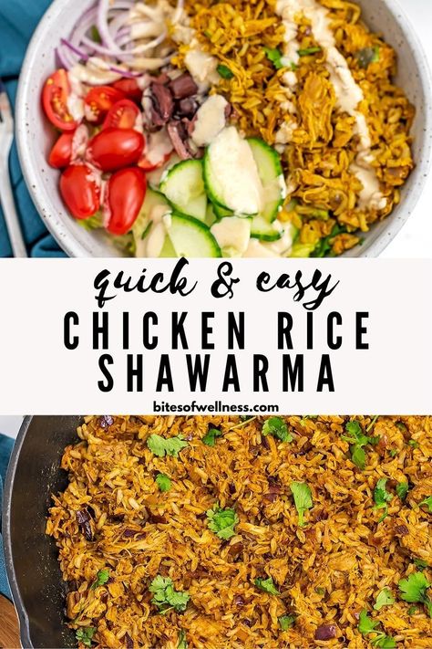 Chicken Shawarma with Rice is quick, easy and packed with flavor. Made with leftover chicken and rice, this healthy chicken shawarma can be served in bowls, over salad or in pita. Gluten free, dairy free and ready in just 10 minutes. Swarma Chicken Shawarma Sides, Sharma Chicken Bowls, Halal Chicken Salad, Greek Bowl Chicken, Chicken Shawarma With Rice, Chicken Shawarma Meal, Shawarma Chicken Bowls, Chicken Shawarma Side Dishes, Chicken Shawarma Meal Prep