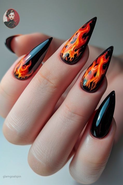 Nails To Match Red Hair, Rock Festival Nails, Fire Element Aesthetic, Fire Nails Designs, Blue Flame Nails, Lava Nails, Whimsical Nails, Racing Nails, Cracked Nails