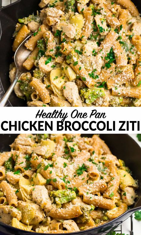 This healthy Chicken Broccoli Ziti cooks in ONE PAN, even the pasta noodles! Ready in just 30 minutes with the most wonderful creamy garlic sauce. This healthy pasta recipe is lighter but doesn't skimp on flavor. #healthypasta #healthydinners #onepanmeals #easydinners #wellplated Recipe Chicken Broccoli, Healthy Chicken Recipes Pasta, One Pan Chicken Broccoli Pasta, Easy Chicken Broccoli Pasta Recipes, Chicken Broccoli Garlic Pasta, Healthy Chicken Broccoli Ziti, Healthy Chicken And Broccoli Pasta, Chicken Broccoli Pasta Recipes Healthy, Ziti Noodles Recipes