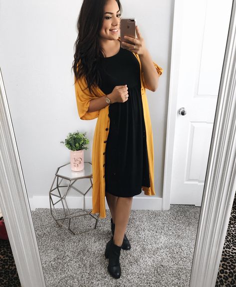 Midi Dress With Cardigan, Service Outfits, Sunday Church Outfits, Travel Outfit Spring, Church Outfit Casual, Cute Church Outfits, September Outfits, Mustard Cardigan, Pentecostal Fashion