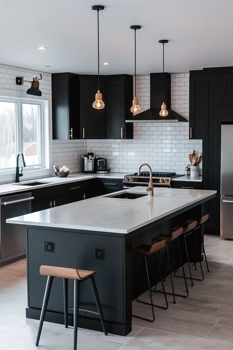 32 Black Kitchen Cabinet Ideas: Depth Without the Dark Black Kitchen Cabinets White Floor, Black Cabinets With White Walls, Kitchen Ideas With Dark Appliances, Kitchen Renovation Dark Cabinets, Light Wood Floors Black Cabinets, Kitchen Dark Cupboards, Black Kitchen Cabinets With Wood Accents, Kitchen With Dark Grey Cabinets, Black Cabinets Black Appliances