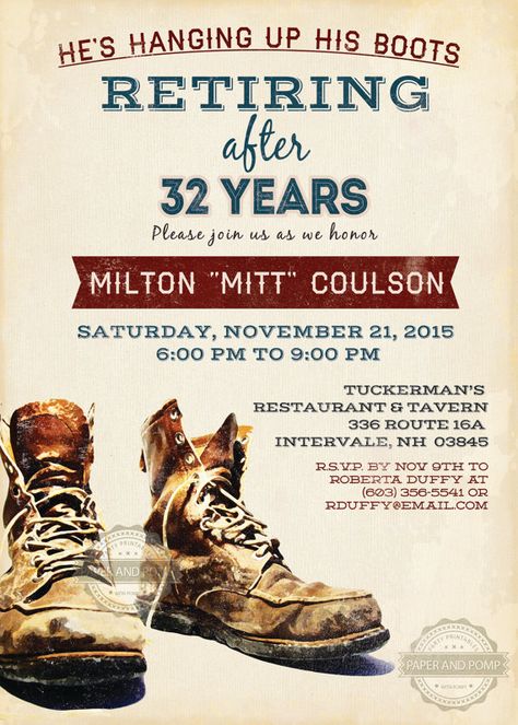 Retirement Invitation Construction Boots Laborer by PaperandPomp                                                                                                                                                      More Retirement Countdown, Navy Retirement, Military Retirement Parties, Army Retirement, Retirement Announcement, Retirement Party Favors, Construction Boots, Military Party, Military Cards