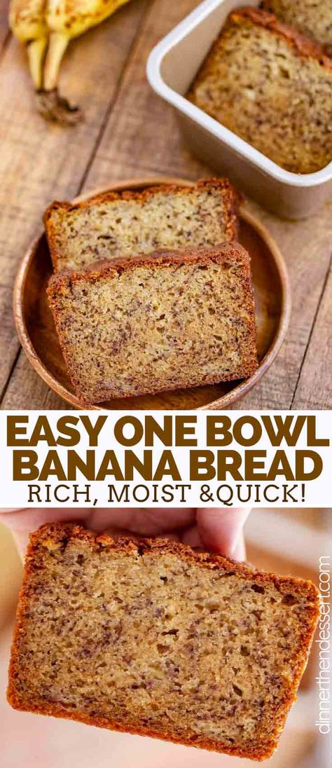 Easy Banana Bread made with ripe bananas and sour cream is the PERFECT combo of moist and fluffy, and ready in only 60 minutes! #banana #bananabread #dessert #bread #baking #dinnerthendessert Banana Bread With Ripe Bananas, One Egg Banana Bread, Banana Bread With Vanilla Yogurt, Easy Banana Bread 2 Bananas, 2 Banana Banana Bread, Banana Bread Made With Sour Cream, Banana Bread With 2 Bananas Easy, Easy Almond Flour Banana Bread, What To Do With 2 Ripe Bananas