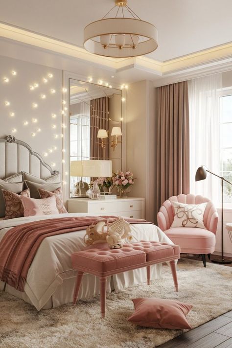 Girly bedroom with soft pink bedding, white accents, and fairy lights. Blush Pink Bedroom Aesthetic, Pink Gold White Bedroom, Pink And Wood Bedroom, Pink And Tan Bedroom, Gold And Pink Bedroom, White Cozy Bedroom, Bedroom With Fairy Lights, Cozy Pink Bedroom, Bedding Fluffy