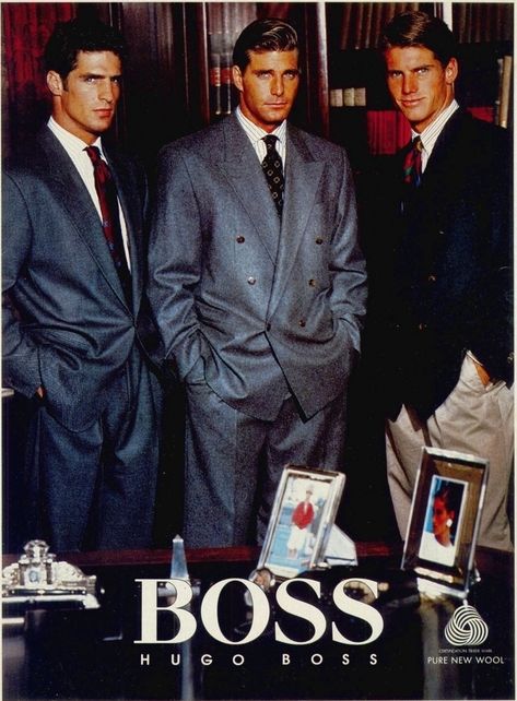 hugo boss power suits Vintage Hugo Boss Ads, Men In Suits Vintage, Hugo Boss 80s, 80s Power Suit Men, Hugo Boss Vintage, Boss Suits For Men, Mens Suit Inspiration, Vintage Men Suit, Hugo Boss Menswear