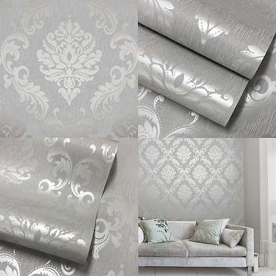 Silver Wallpaper Bedroom, Wallpaper Living Room Accent Wall, Grey Wallpaper Bedroom, Damask Wallpaper Bedroom, Glitter Bedroom, Damask Decor, Wallpaper Soft, Silver Wallpaper, Trendy Living Rooms