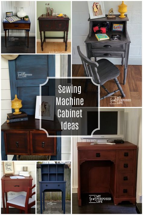 Repurpose Old Sewing Machine Table Ideas, Redo Sewing Machine Cabinet Ideas, Old Sewing Cabinet Repurposed, Antique Sewing Table Repurposed, Upcycle Sewing Machine Cabinet, Sewing Machine Cabinet Repurposed Ideas, Vintage Sewing Table Repurpose, Painted Sewing Machine Cabinet, Upcycled Sewing Machine Table