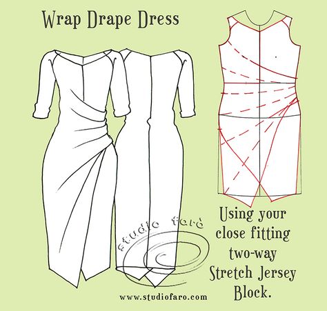 Studio Faro | The Wrap Drape Dress Drape Dress Pattern, Knitting Blocking, Pattern Draping, Drape Dress, Dress Tutorials, Clothes Sewing Patterns, Pattern Drafting, Dress Sewing Pattern, Dress Sewing