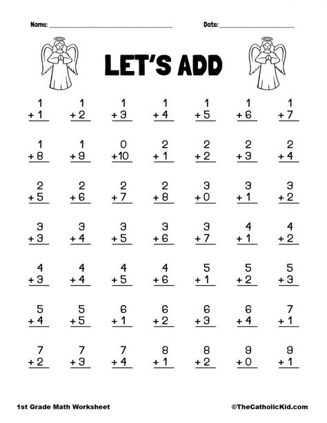 Let's Add - 1st Grade Math Angel Worksheet Catholic Themed Homework Sheets For 1st Grade, Math Equations For 1st Grade, Grade 1 Maths Activities, 1grade Math Worksheets, 1st Grade Tracing Worksheets, 1st Grader Worksheet, Math Worksheet Class 1st, Maths For 1st Grade, Math Pages For 1st Grade