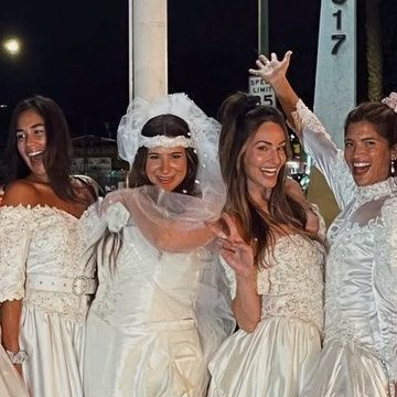 R O C K Y B A R N E S on Instagram: "Thrifted a bunch of wedding dresses for @rachelzeilic ‘s bachelorette! BEST NIGHT EVER!💒" Goodwill Wedding Dress Bachelorette, Tacky Wedding Dress Bachelorette, Thrifted Wedding Dress Bachelorette, Bachelorette Wedding Dress Party, Goodwill Dress Bachelorette Party, Op Shop Wedding, Wedding Dress Bachelorette Party, Trashy Wedding, Vintage Bachelorette Party