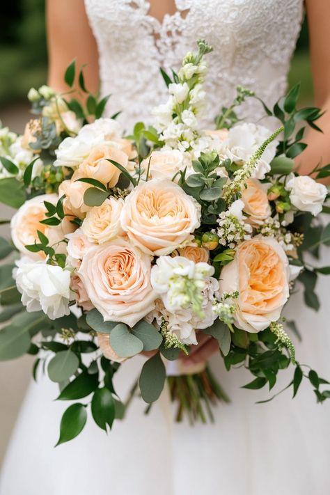 Peach And White Wedding, Peach Bridal Bouquet, Bridal Bouquet Peach, Peach Wedding Bouquet, Mums Wedding, Modern Arrangements, Marrying My Best Friend, Floral Ideas, Peach Wedding