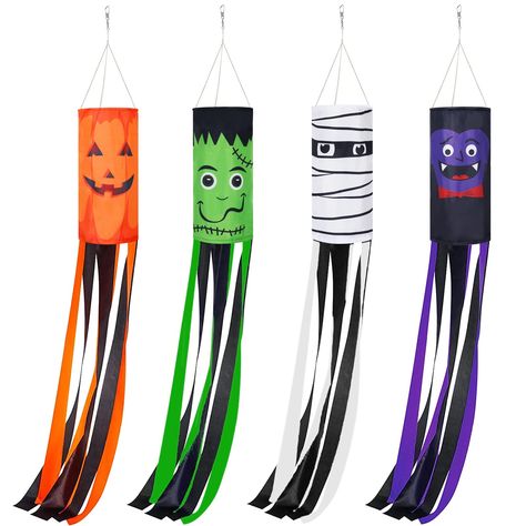 PRICES MAY VARY. HALLOWEEN THEME: 4pcs Halloween windsock are included in the set, designed with pumpkin, vampire, mummy and monster, spooky holiday elements create horror atmosphere and bring more fun. GOOD MATERIAL: Made of durable cloth material, our Halloween windsock will keep the shape throughout the entirety of their useful life. Long lasting shape and dries quickly, making your yard stand out during the period of Halloween. LARGE SIZE: Each windsock measures about 100cm/39 inch in total Halloween Wind Sock Craft, Halloween Windsock Craft For Kids, Halloween Windsock, Horror Atmosphere, Mummy Monster, Pumpkin Vampire, Spooky Cartoon, Halloween Diy Paper, Wind Socks