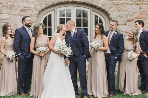 Navy Suits Taupe Dresses, Neutral Bridesmaid Dresses Winter, Champagne Bridesmaid Dresses With Navy Blue Groomsmen, Tan And Navy Wedding Party, Neutral Shades Bridesmaid Dresses, Taupe Bridesmaid Dresses Navy Suits, Taupe And Navy Blue Wedding, Champagne Bridesmaid Dresses Navy Suits, Warm Taupe Wedding Colors