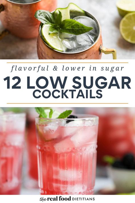 When you want a refreshing sipper, but don’t want to consume loads of sugar from pre-made cocktails mixes and commercial syrups, turn to this collection of delicious and light cocktails that are full on flavor but low in calories. These low sugar cocktails are fresh, made from real-food ingredients, and always a hit. Plus, if alcohol is not your thing, each recipe comes with our easy instructions for how to turn these into low-sugar mocktails, as well! Light Fruity Alcoholic Drinks, Refreshing Alcoholic Drinks Easy, Light Calorie Alcoholic Drinks, Easy Healthy Cocktails, Non Sugary Alcoholic Drinks, Low Sugar Cocktail, Low Cal Summer Cocktails, Low Sugar Summer Cocktails, Low Sugar Mocktail