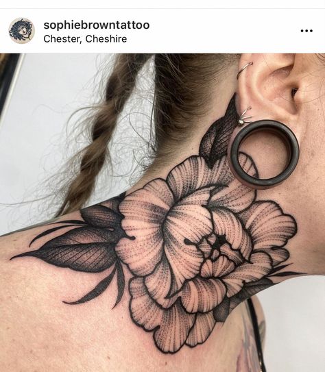 Botanical Ornamental Tattoo, Peony Neck Tattoo, Throat Tattoos, Rose Neck Tattoo, Flower Neck Tattoo, Neck Ideas, Throat Tattoo, Neck Tattoos, Peonies Tattoo