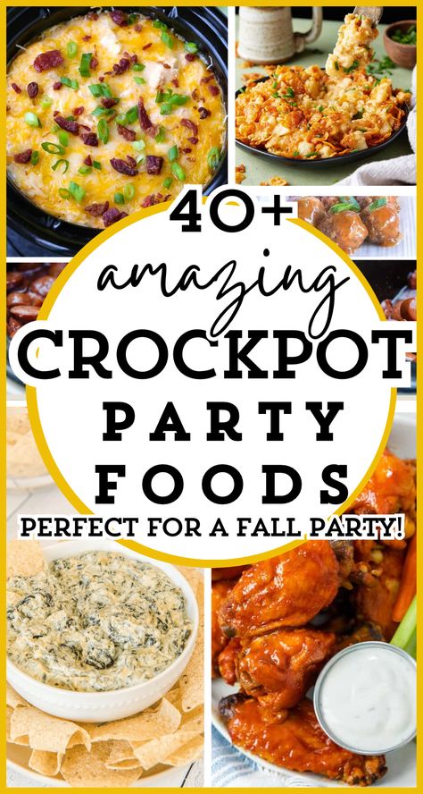 Need slow cooker party food ideas for your Christmas or holiday party? Check out these 40 Crockpot party foods! These easy Crockpot snacks are the best slow cooker appetizers that are guaranteed crowd pleasers! Any party will be enhanced with your choice of easy finger food appetizers! These easy party foods are ideal if you're the host or a guest - Crockpot dishes make like easier for party food appetizers. Slow cooker apps are a dream! Great ideas for game day or fall parties! Party Favorites Food, Easy Fall Crockpot Appetizers, Snack For Party Finger Food, Party Side Dishes Crockpot, Dinner Party Slow Cooker Recipes, Food Ideas To Bring To A Party, Thanksgiving Party Fingerfood Ideas, Fall Crowd Pleasers, Football Party Crockpot Food