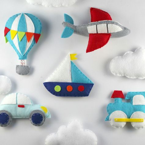 One for the boys. This Transportation Pattern Set is now available in my Etsy shop. Happy creating x Ria Airplane Nursery Decor, Mobiles For Kids, Baby Mobile Felt, Diy Baby Mobile, Baby Mobil, Felt Sewing, Airplane Nursery, Felt Toys Patterns, Nursery Patterns