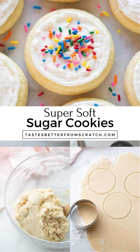 Easy Super Soft Sugar Cookies recipe. Perfect for decorating with icing. Fun holiday cookie ideas. Better Homes And Gardens Sugar Cookie Recipe, Sugar Cookie Cutout Recipe Best, Super Soft Sugar Cookies, Frosted Sugar Cookies Recipe, Best Soft Cookies, How To Make Sugar Cookies, Easy Sugar Cookie Recipe 3 Ingredients, Sugar Cookies For Decorating, Soft Sugar Cookies Recipe