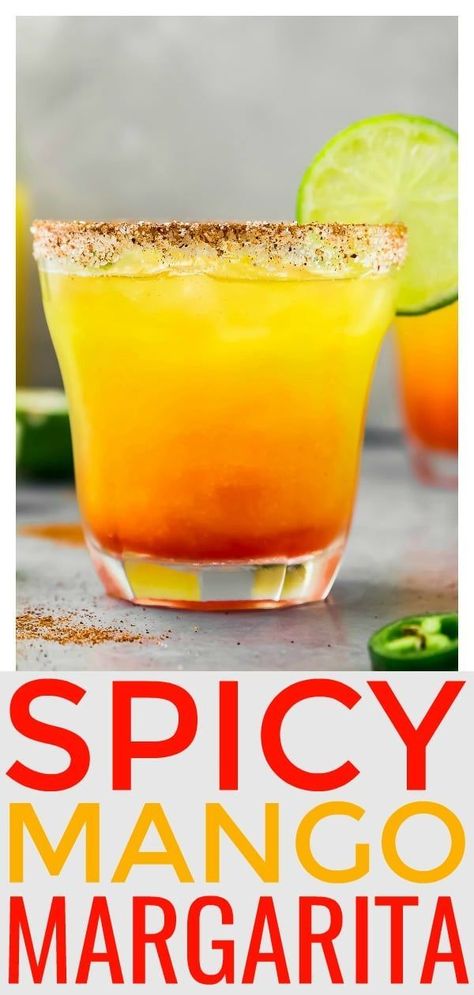 Spicy Mango Margarita | A fruity, fiery twist on the classic Margarita.  Flavored with mango, pineapple, jalapeno and grenadine, this tropical tequila cocktail is sure to be a hit!  #spicy #mango #margarita #recipe #cocktail Spicy Mango Margarita Recipe, Spicy Mango Margarita, Mango Margarita Recipe, Flavored Margaritas, Spicy Drinks, Margarita On The Rocks, Mezcal Cocktails, Tequila Cocktail, Mango Margarita