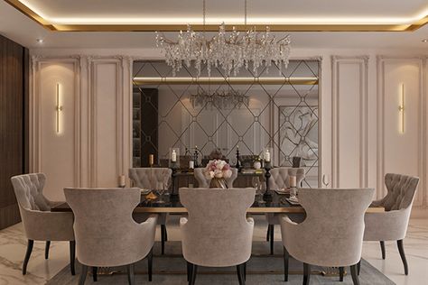 Neo Classic Dinning Room Design, Dinning Room Neo Classic, Dining Room New Classic, Dining Room Luxury Design, Luxury Dining Room Decor Classy, Dining Room Design Mirror, Fancy Dinning Room Elegant Dining, Dining Room Wall With Mirror, Modern Luxe Dining Room