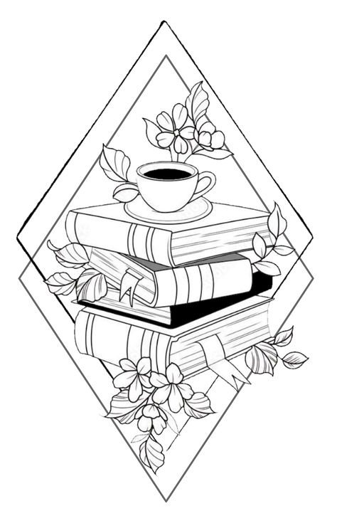 Bookish Art Drawings, Bookish Coloring Pages, Books And Coffee Tattoo, Book Drawings, Book And Coffee, Bookish Tattoos, Bookshelf Art, Coffee Tattoos, Tattoo Sketch