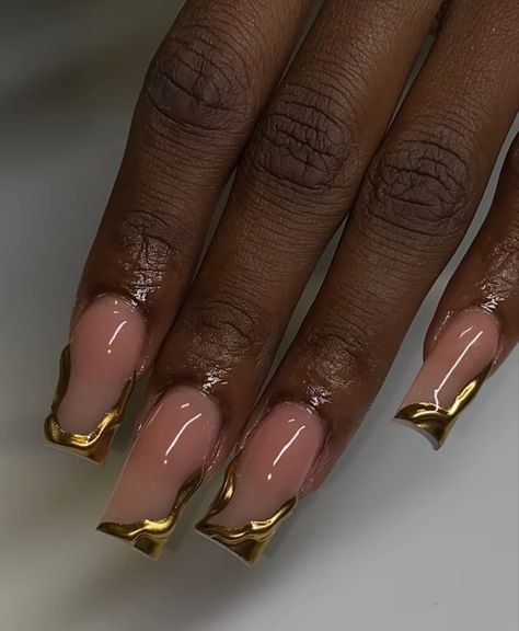 Gel X Gold Nails, Gold Chrome Square Nails, Gold Chrome Nails Designs Square, Gold Crome Nails French, Gold Accent Nails Acrylic, Gold And Hot Pink Nails, Hot Pink And Gold Nails Design, Gold Drip Nails, Gold Chrome French Tip Nails