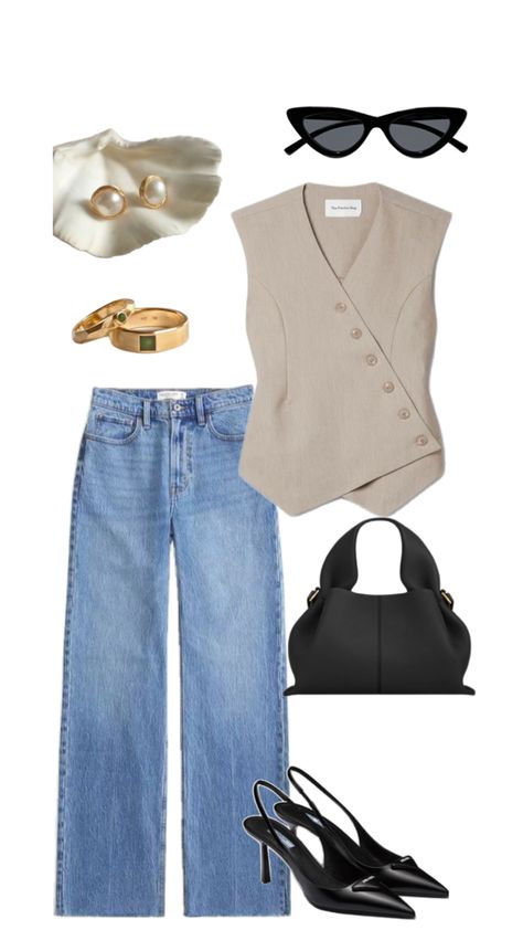 Jeans, vest, Prada sling-backs, polene bag, cat eye sunglasses, gold delicate jewelry Cool Night Out Outfit, Outfit Fresco, Friday Night Outfit, Youtube Content, Evening Dinner, Dressy Casual Outfits, Sophisticated Outfits, Outfit Plan, Dressy Outfits