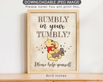 Rumbly in my tumbly tag | Etsy Welcome Baby Party, Winnie The Pooh Party, Pooh Party, Winnie The Pooh Birthday, Poster Decorations, Classic Winnie The Pooh, Pooh Baby, First Birthday Decorations, Vintage Winnie The Pooh