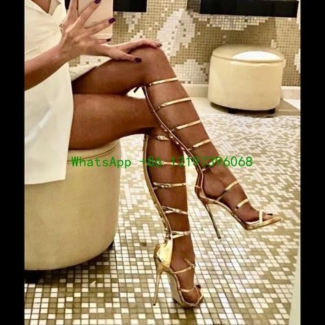 Ladies golden metal decorative high heel boots hollow elegant high heels open toe stiletto high heels cover heel knee sandals Beautiful High Heels Stilettos, Black Strappy High Heels, Elegant Shoes Heels, Funky Heels, Summer High Heels, Extreme High Heels, Elegant High Heels, Beautiful High Heels, Fun Heels